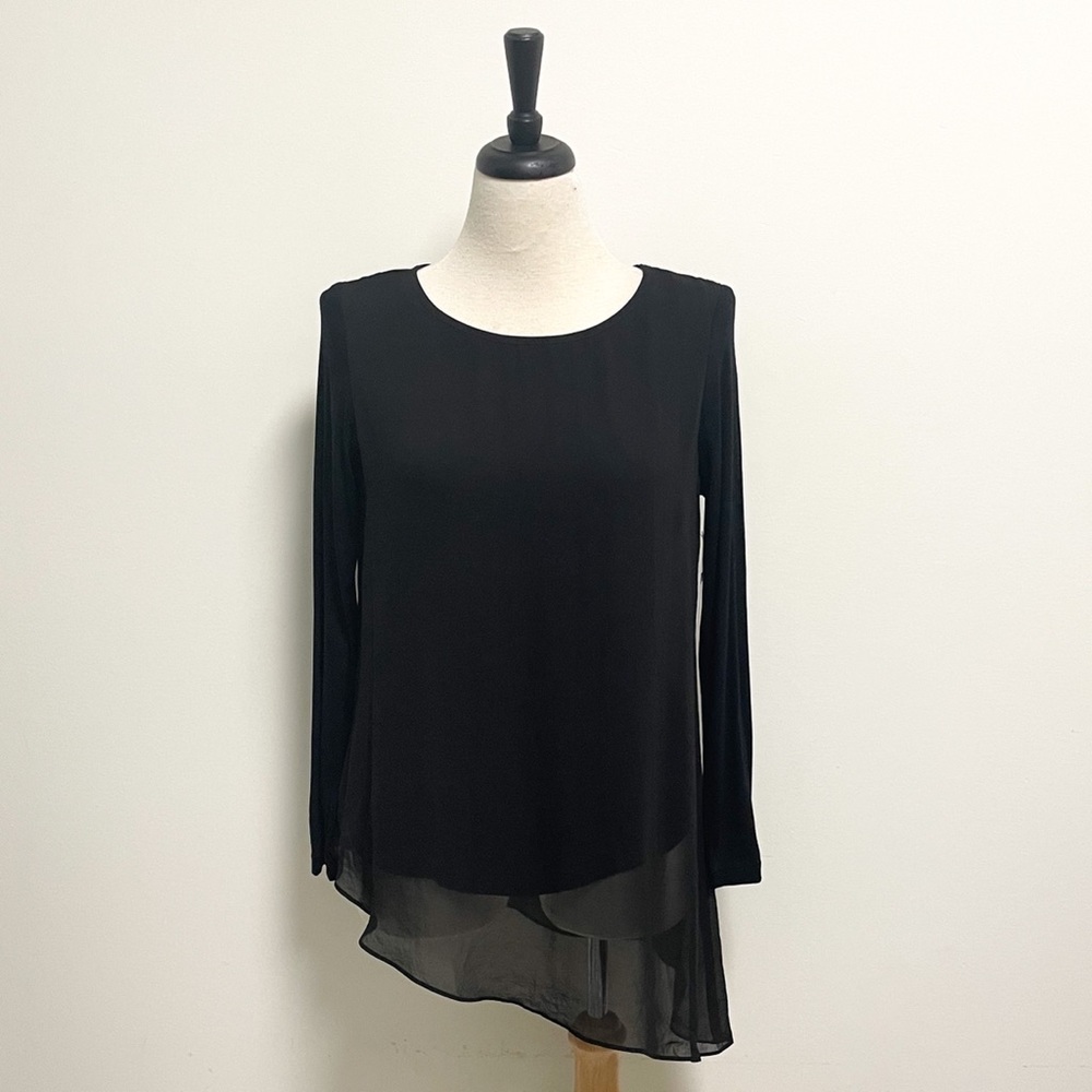Karen Kane Black Sheer Overlay Asymmetrical Hem Long Sleeve Blouse NWT Medium